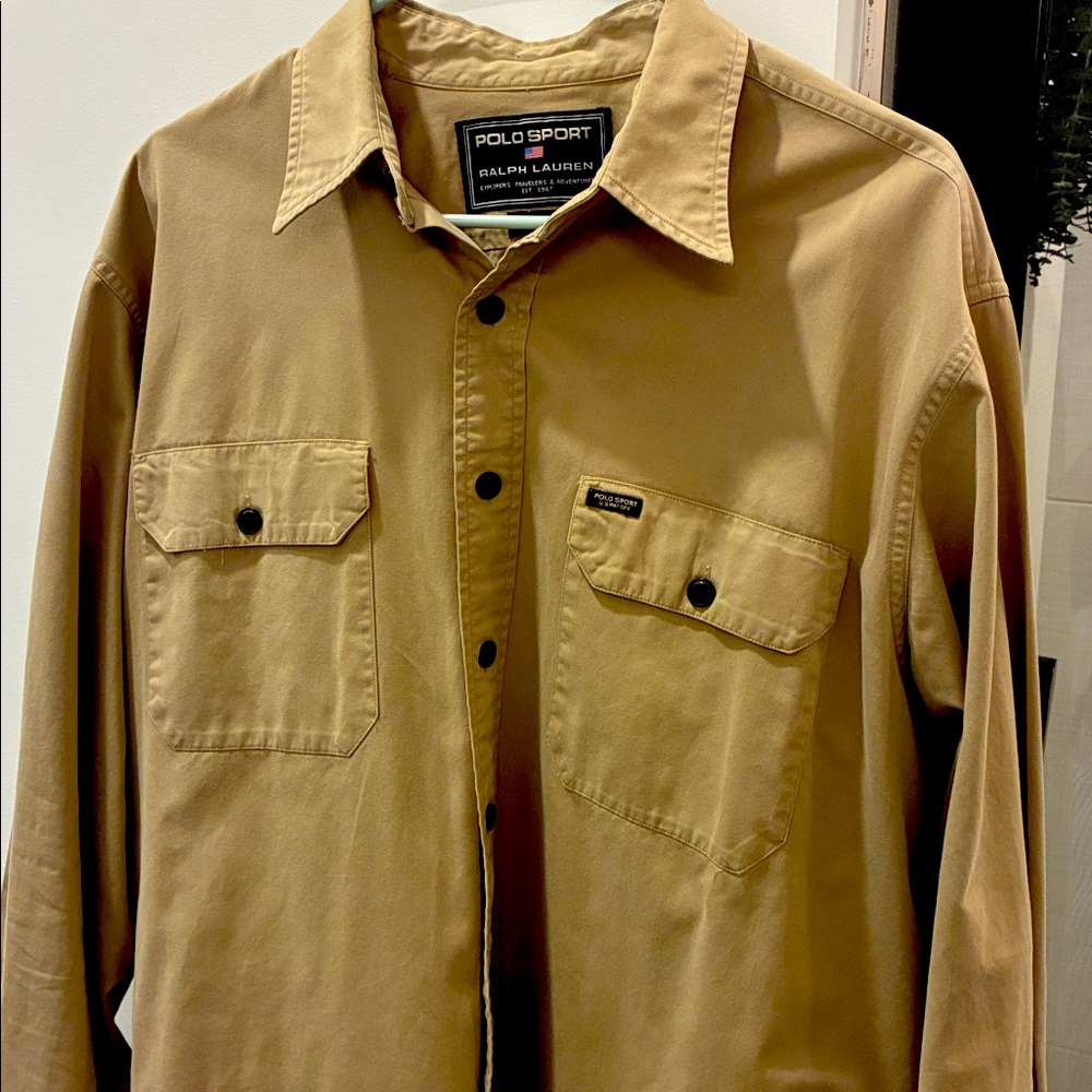 Vintage 90s Ralph Lauren Polo Sport Men’s Large Cotton Button Up Shirt Beige Tan